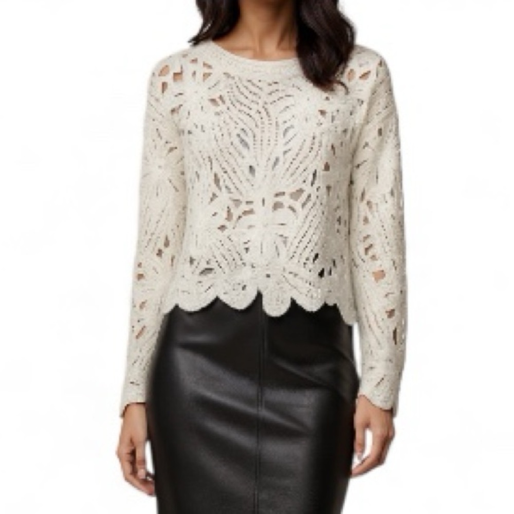 WD·NY Ivory Openwork Crochet Sweater Scalloped Hem Boho Romantic M Holiday Gift